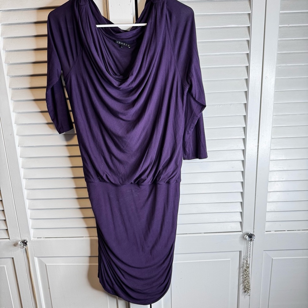 THEORY LARGE PURPLE BODYCON DRESS DRAPEY NECK RUCHED VISCOSE SEXY DATE NIGHT